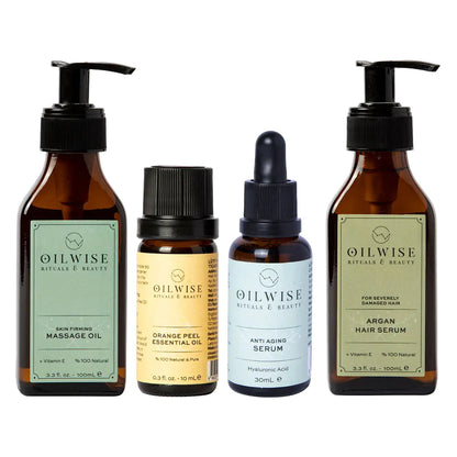 Oilwise Firming Care Kit, GCMS certified, Steam Distillation, Not Diluted, Cold Pressed Essential Oils, Skin Firming Anti-Cellulite Massage Oil, Orange Peel Essential Oil, Anti Aging Moisturizer Serum, Argan Hair Repair Serum